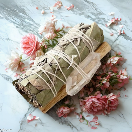 Rituální balíček Očisty a Světla – Šalvěj, Palo Santo a Křišťál